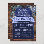 リトルパンプキン 秋の落ち葉 ネイビーブルー 木の誕生日 招待状 (正面/裏面)