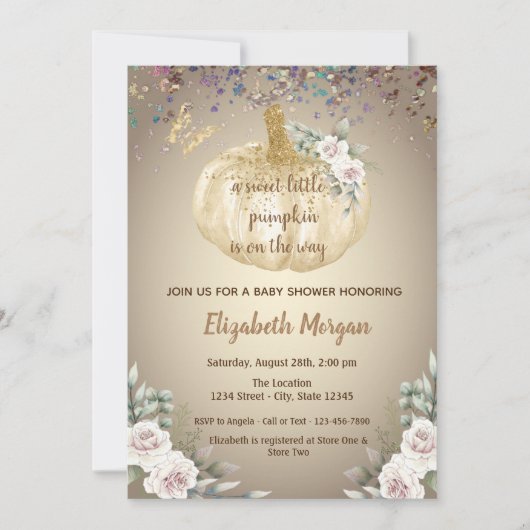 リトルパンプキン 花 蝶 ベビーシャワー 招待状 (正面)