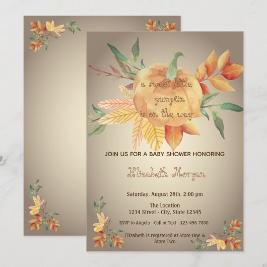 リトルパンプキン、葉っぱ、秋のベイビーシャワー 招待状 (正面/裏面)