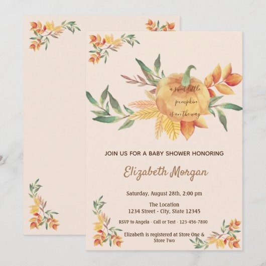 リトルパンプキン、葉ベビッグシャワー 招待状 (正面/裏面)