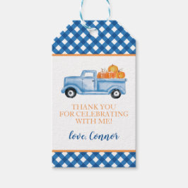 リトルパンプキン 青いトラックとチェックの1歳の誕生日 ギフトタグ