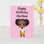 リトルパーソナライズされたカートゥーンガールピンク誕生日 カード (黄色い花)