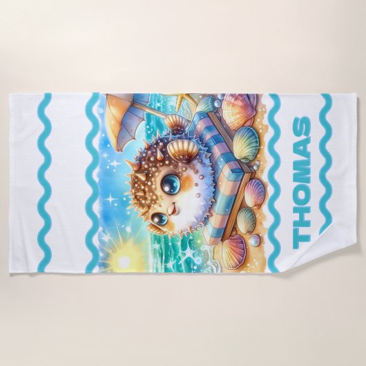 リトルパーソナライズされたプフズビーチサイドリトリート ビーチタオル (正面)