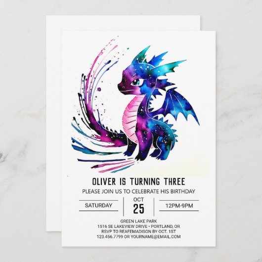 リトルパープルドラゴンデジタルボーイ誕生日 招待状 (正面/裏面)
