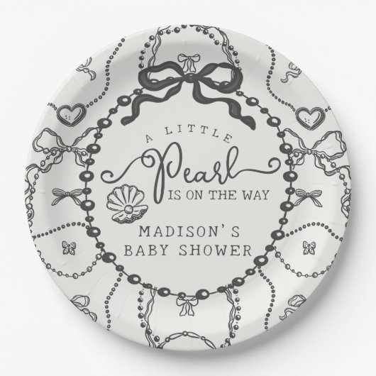 リトルパールブラックコケットボウベビーシャワープレート ペーパープレート (正面)