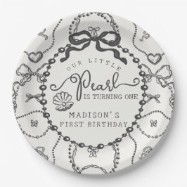 リトルパールブラックコケットボウ誕生日プレート ペーパープレート