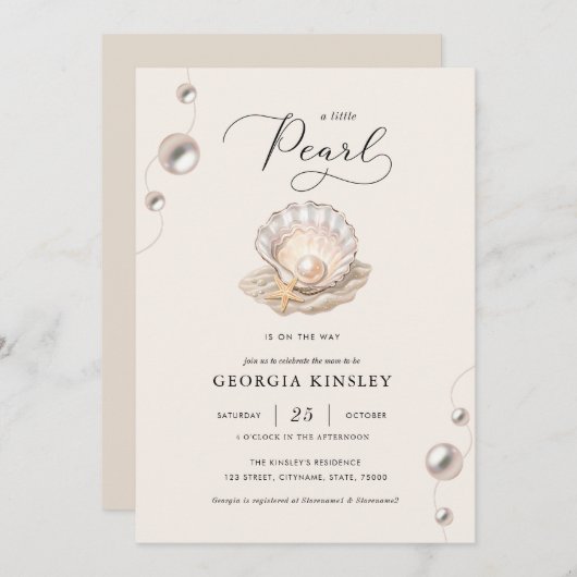 リトルパール海ビーチシーシェルガールベビーシャワー 招待状 (正面/裏面)