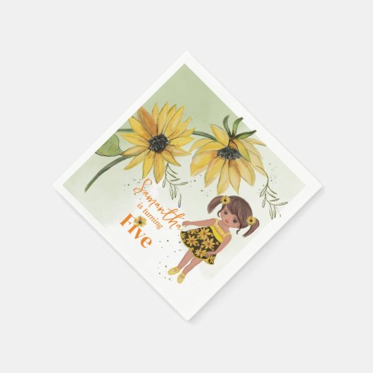 リトルヒマワリ水彩五番目の女の子誕生日 スタンダードカクテルナプキン (角)