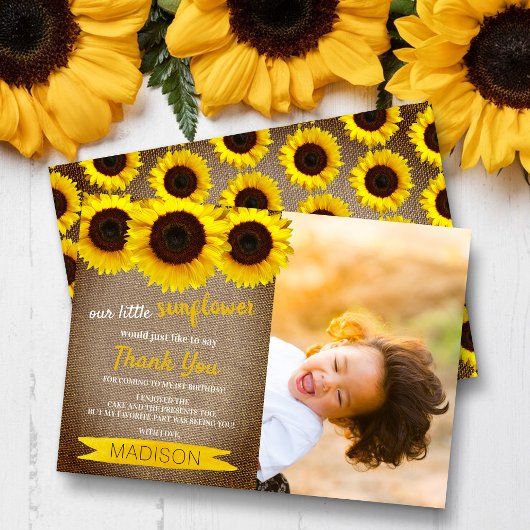 リトルヒマワリ素朴ーBurlapフォト誕生日 サンキューカード
