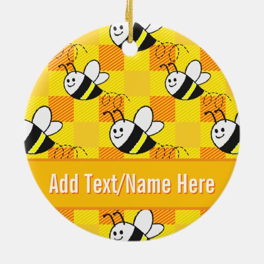 リトルビーイエロー&オレンジプレイド名前をカスタムする セラミックオーナメント (裏面)