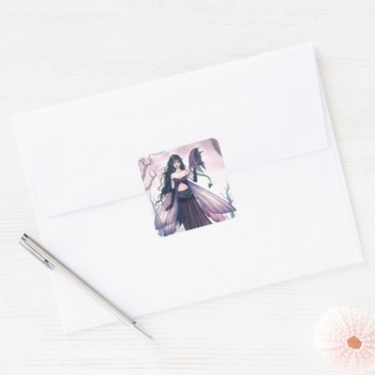 リトルビーストパープルフェアリー&ドラゴンファンタジーアート スクエアシール (封筒)