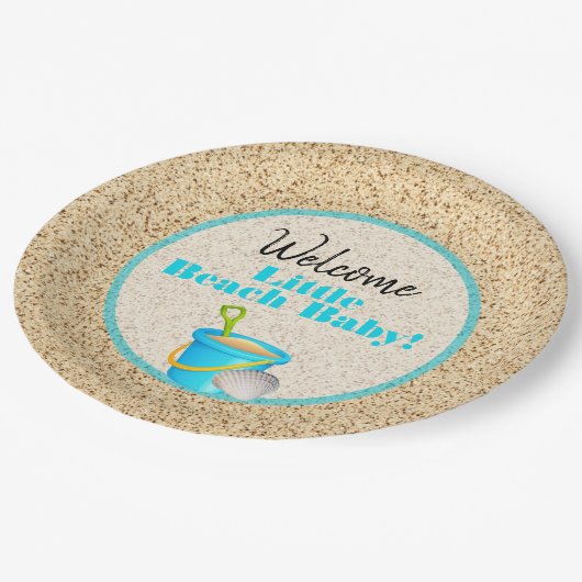 リトルビーチベビーティール（緑がかった色）バケツとショベルベビーシャワー ペーパープレート (アングル)