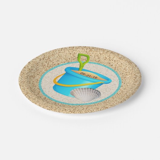 リトルビーチベビーティール（緑がかった色）バケツとショベルベビーシャワー ペーパープレート (アングル)