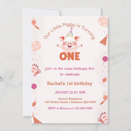 リトルピギー1歳の誕生日 | ファーム納屋周囲の庭テーマ 招待状 (正面)