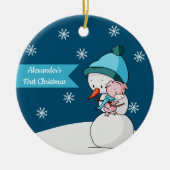 リトルピッグと雪だるまハグ初めてのクリスマス セラミックオーナメント (正面)