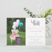 リトルピンクアンドグレーエレファント誕生日招待状 招待状 (スタンド正面)