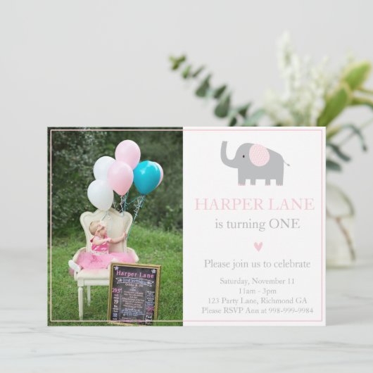 リトルピンクアンドグレーエレファント誕生日招待状 招待状 (スタンド正面)