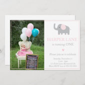 リトルピンクアンドグレーエレファント誕生日招待状 招待状 (正面/裏面)