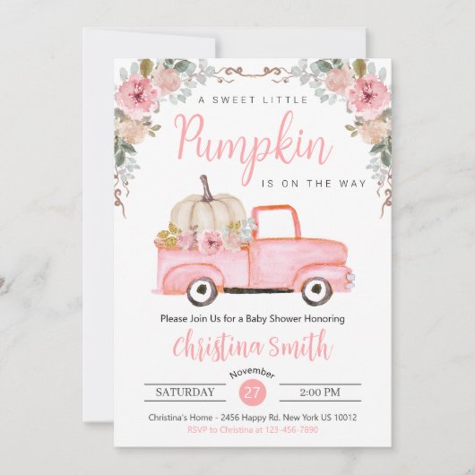リトルピンクカボチャ素朴トラック赤ちゃん女の子シャワー 招待状 (正面)