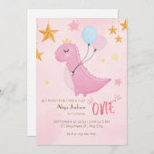 リトルピンクディノの最初の誕生日 招待状 (正面/裏面)