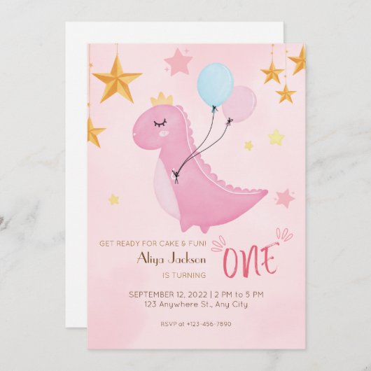 リトルピンクディノの最初の誕生日 招待状 (正面/裏面)