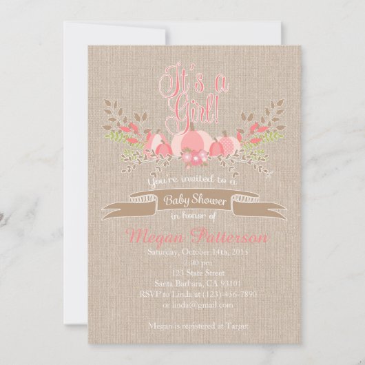 リトルピンクパンプキンベビーシャワー招待状ラップ 招待状 (正面)