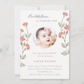 リトルピンクフラワーフォトベビーガール誕生日招待状 サンキューカード (正面)