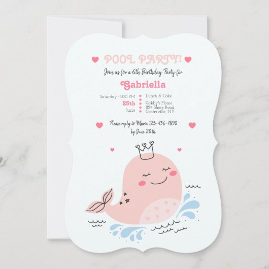 リトルピンクホエールプール誕生日パーティー 招待状 (正面)