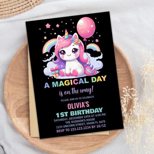 リトルピンクユニコーン誕生日招待状 招待状
