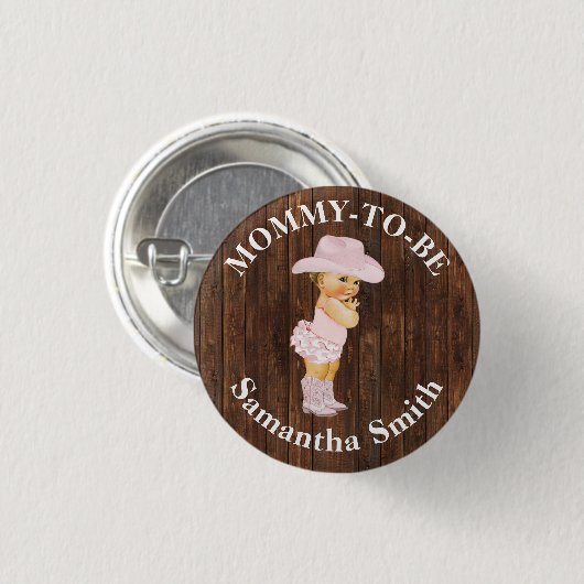 リトルピンク女性のカーボーイウェスタンベビーシャワーママになる 缶バッジ (正面&裏面)