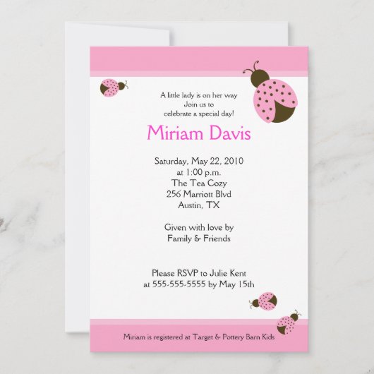 リトルピンクLadybugs 5x7ベビーシャワー招待状 招待状 (正面)