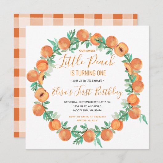 リトルピーチの1歳誕生日 招待状 (正面/裏面)