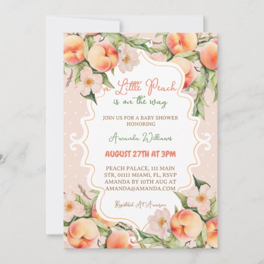 リトルピーチフローラピンクサマーベビーガールシャワー 招待状 (正面)