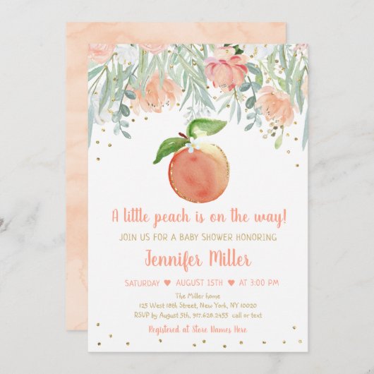 リトルピーチフローラ金ゴールドベビーシャワー 招待状 (正面/裏面)