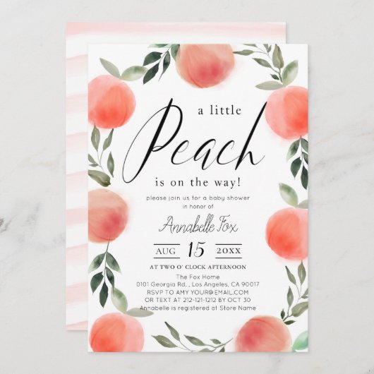 リトルピーチ水彩ベビーシャワー 招待状 (正面/裏面)