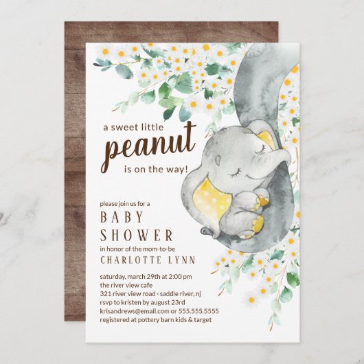 リトルピーナッツエレファントニュートラルベビーシャワー 招待状 (正面/裏面)