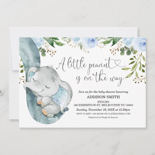 リトルピーナッツゾウトランクベビーシャワー 招待状 (正面)