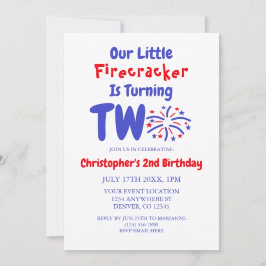 リトルファイレクラッカーの2回目の誕生日 招待状 (正面)