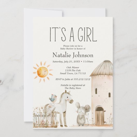 リトルファーム子供部屋動物ガールベビーシャワー 招待状 (正面)
