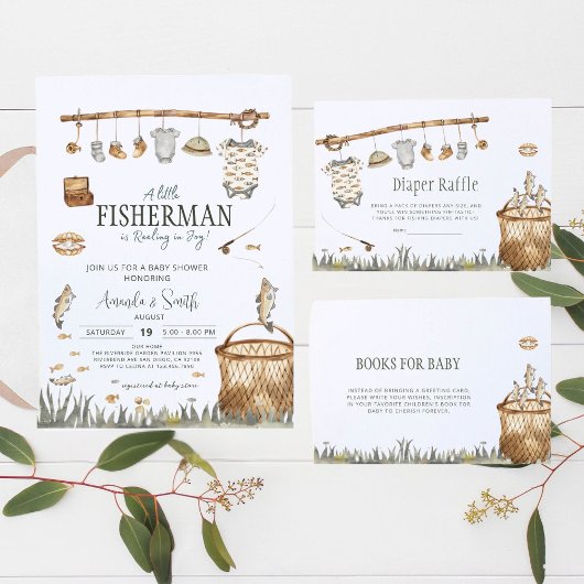 リトルフィッシャーマンウォーターカラー魚釣りベビーシャワー 招待状