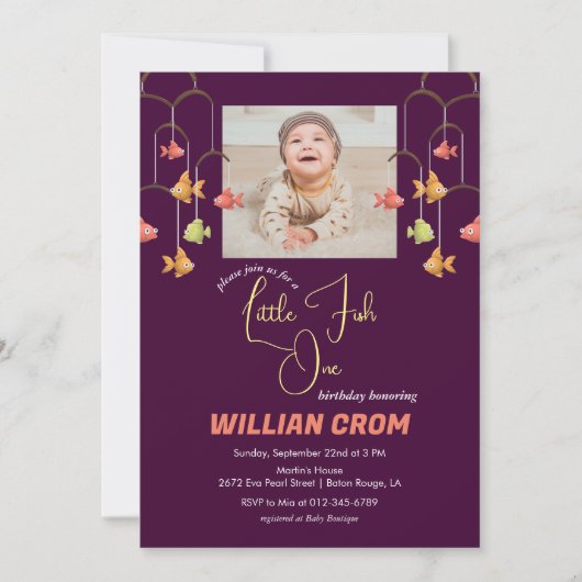 リトルフィッシュクリムゾンカラーベビー1st誕生日 招待状 (正面)