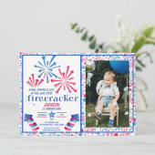 リトルフィレクラッカー赤白青写真誕生日 招待状 (スタンド正面)