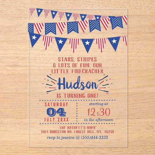 リトルフィレクラッカー7月1日の4th誕生日パーティー アクリル招待状 (正面)