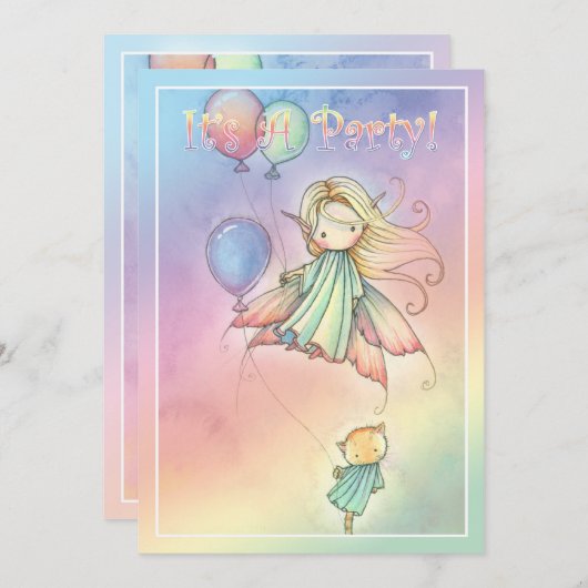 リトルフェアリーと猫のバースデーパーティ招待状 招待状 (正面/裏面)