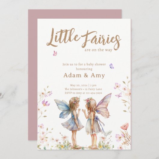 リトルフェアリーツインガールベビーシャワー招待状 招待状 (正面/裏面)
