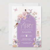 リトルフェアリーファースト誕生日ピンクパープルフローラ 招待状 (正面)