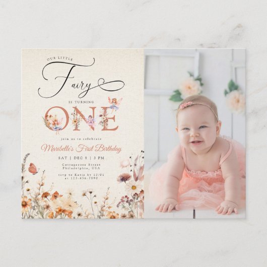 リトルフェアリーフローラガーデンフォトファースト誕生日 インビテーションポストカード (正面)
