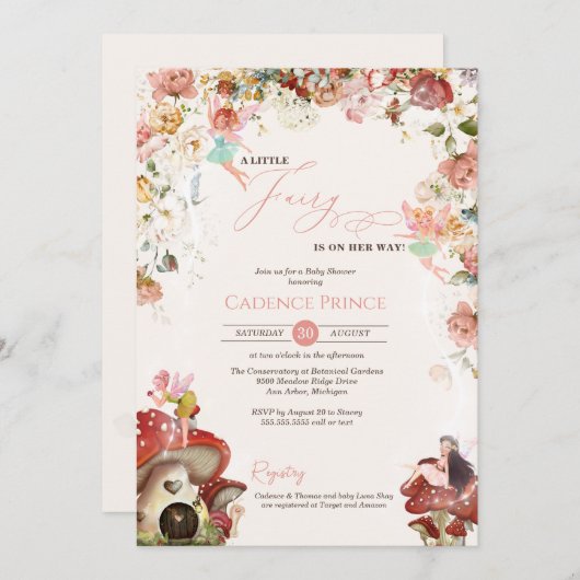 リトルフェアリーフローラガーデンベビーガールシャワー 招待状 (正面/裏面)