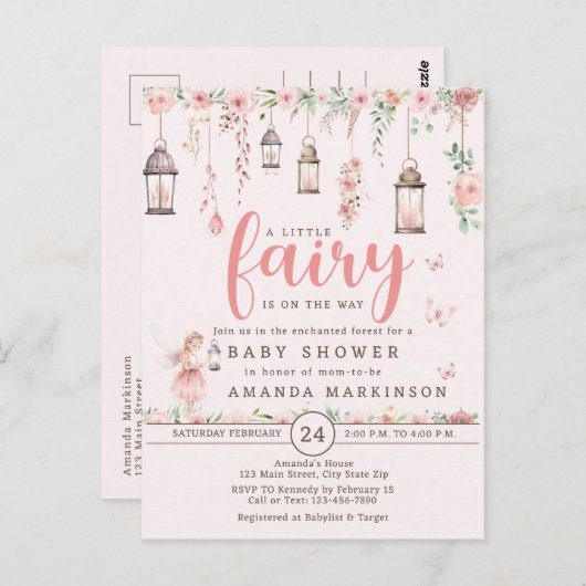 リトルフェアリー魅惑ピンクベビーシャワー招待状 ポストカード (正面/裏面)
