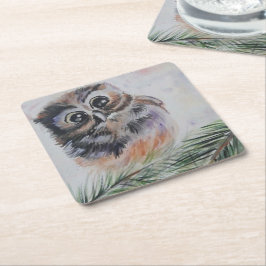 リトルフクロウの水の色絵画の紙コースター スクエアペーパーコースター